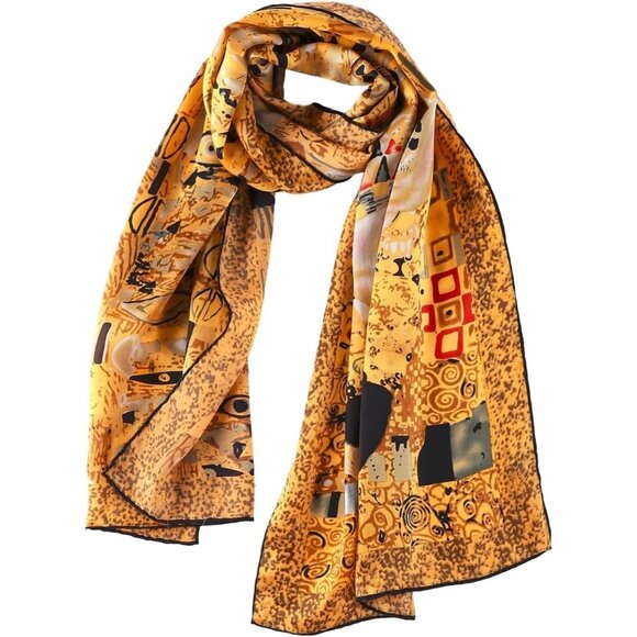 🆕Women Gold Charmeuse Satin Silk Scarf Classic Art Adele Bloch-Bauer by Klimt - Picture 1 of 6